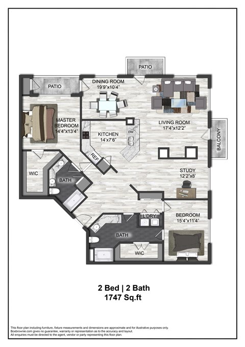 A floor plan of a 2 bedroom, 2 bath apartment sized at 1747 square feet.